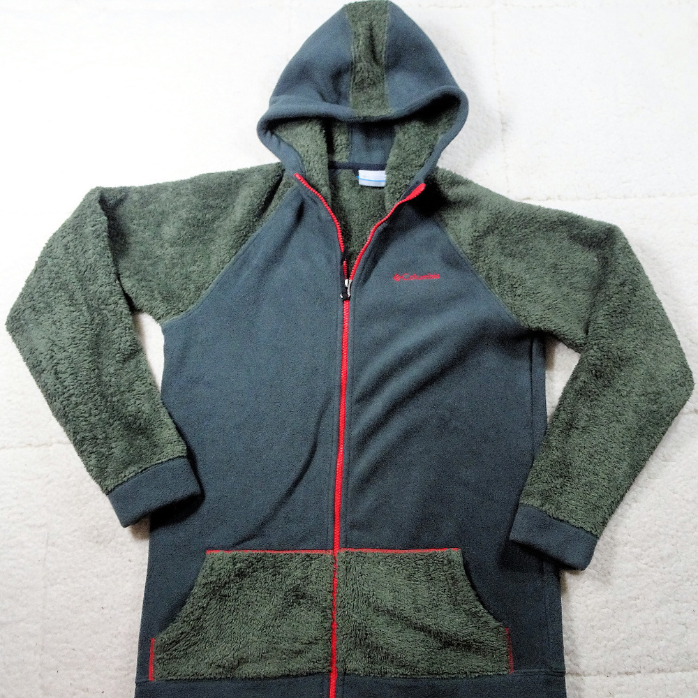 Columbia Fleece Hoodie Gray/Green F/Zip Jacket XL
